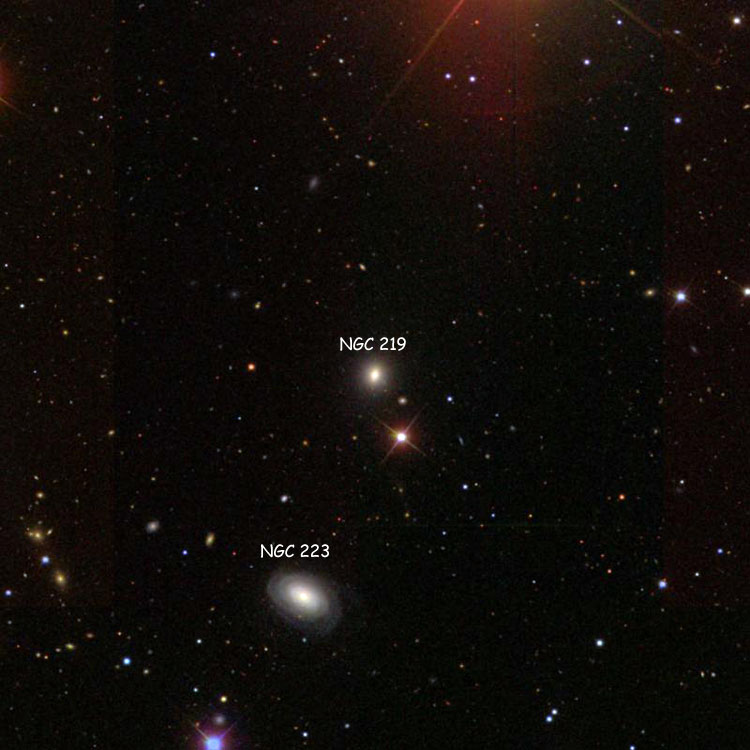 SDSS image of region near elliptical galaxy NGC 219, also showing NGC 223