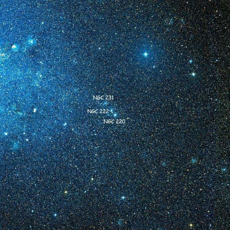 DSS image of one degree wide region near NGC 220, an open cluster in the Small Magellanic Cloud, also showing NGC 222 and NGC 231