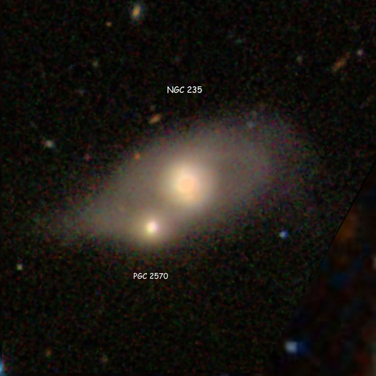 SDSS image of lenticular galaxy NGC 235 and lenticular galaxy PGC 2570 (which is sometimes called NGC 235B), overlaid on a DSS image to fill in an otherwise missing area at lower right