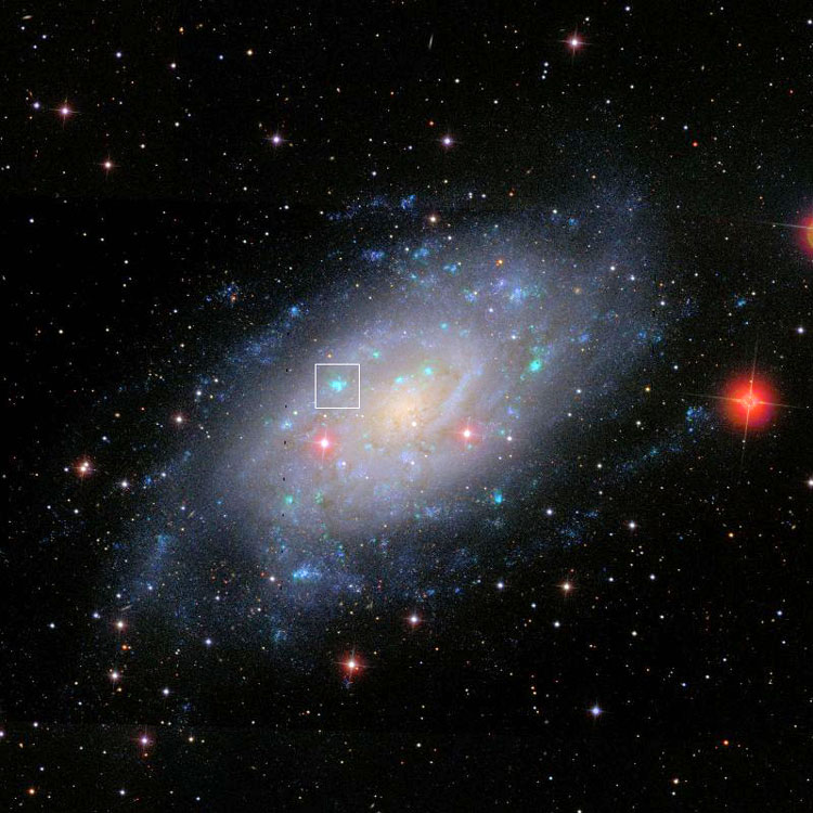 SDSS image of spiral galaxy NGC 2403, showing the location of emission nebula and star-forming region NGC 2404