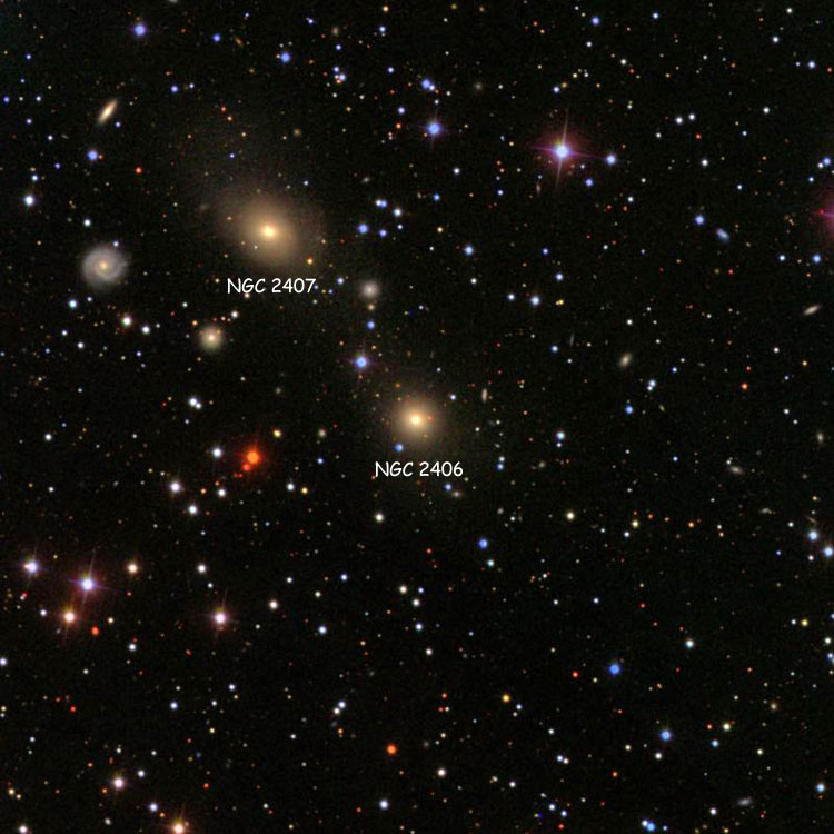 SDSS image of region near elliptical galaxy NGC 2406, also showing NGC 2407