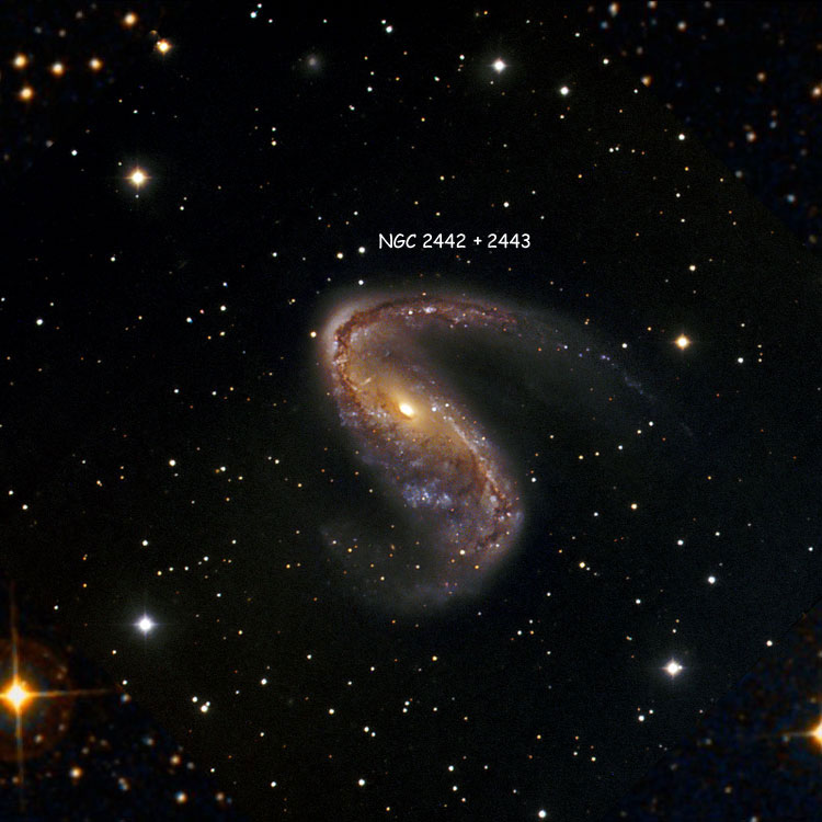 ESO image of region near the spiral galaxy listed as NGC 2242 and 2243 overlaid on a DSS image of regions not covered by the ESO image