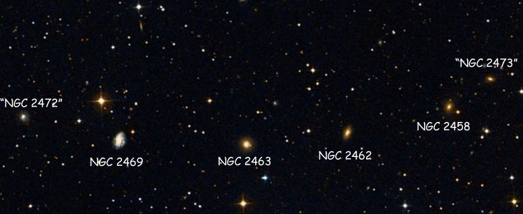 DSS image of the six galaxies in Lynx that are or have acquired the NGC listings 2458, 2462, 2463, 2469, 2472 and 2473