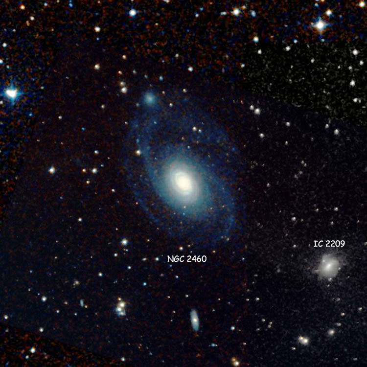 60% opacity overlay of NOAO image over DSS image of region near spiral galaxy NGC 2460; also shown is IC 2209