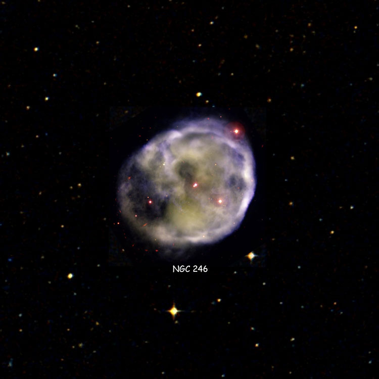 Gemini South image of planetary nebula NGC 246, overlaid on a DSS background of the region near the nebula