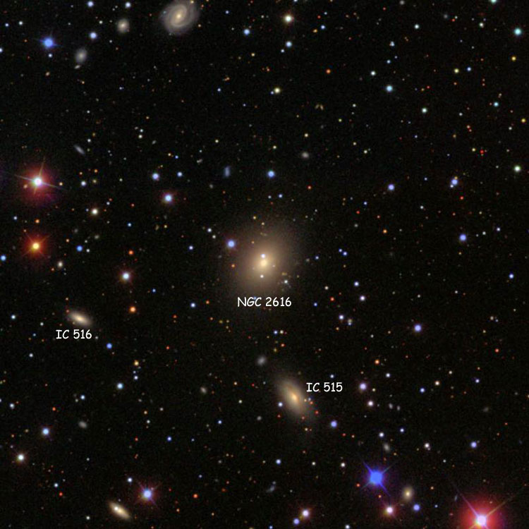 SDSS image of region near lenticular galaxy NGC 2616, also showing IC 515 and IC 516