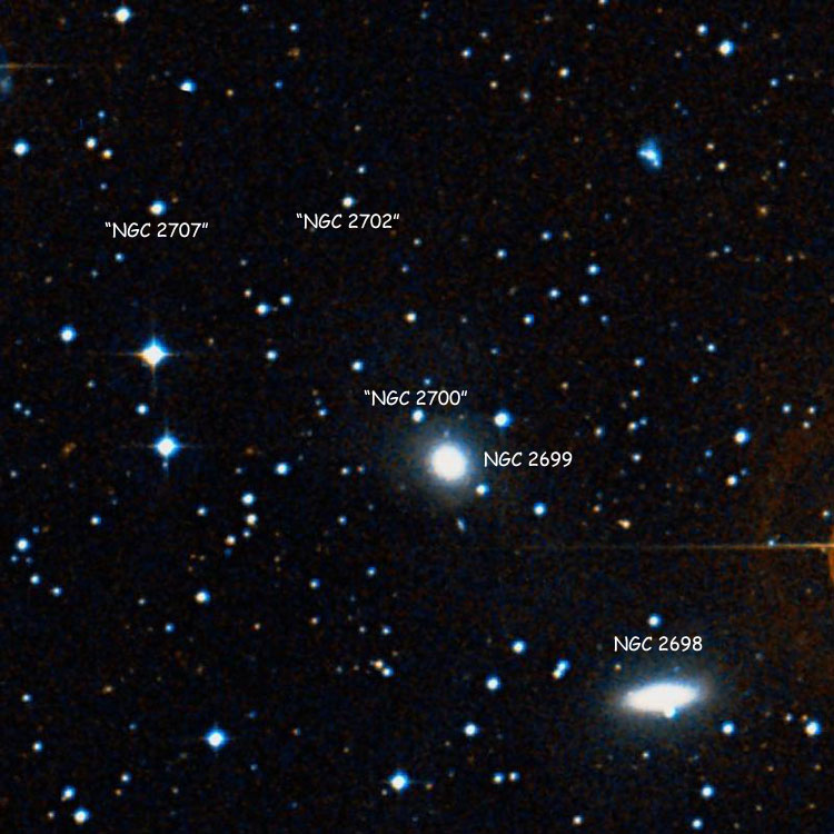 DSS image of region near the star listed as NGC 2700, also showing NGC 2698, NGC 2699, NGC 2702 and NGC 2707