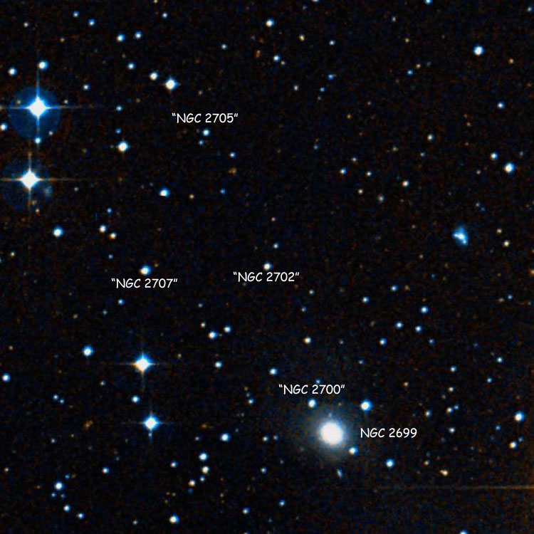 DSS image of region near the star listed as NGC 2702, also showing NGC 2699, NGC 2700, NGC 2705 and NGC 2707