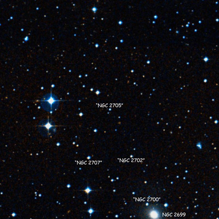 DSS image of region near the star listed as NGC 2705, also showing NGC 2699, NGC 2700, NGC 2702 and NGC 2707