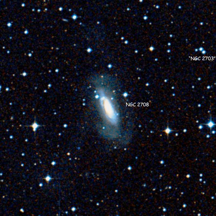 DSS image of region near spiral galaxy NGC 2708, also showing the double star listed as NGC 2703