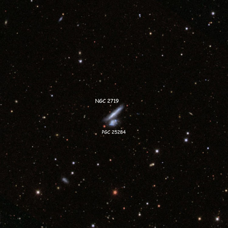 SDSS image of region near irregular galaxies NGC 2719 and PGC 25284, collectively also called Arp 202