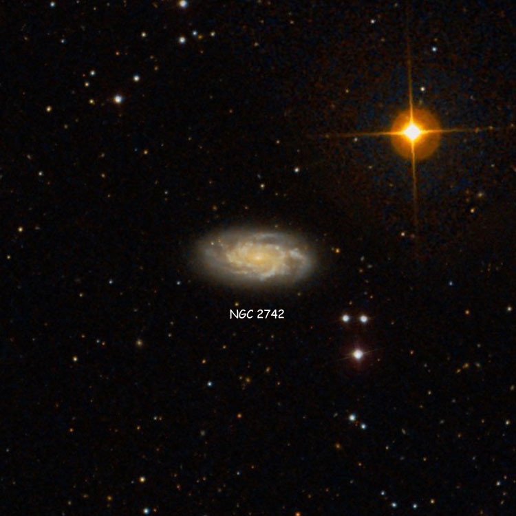 SDSS image of region near spiral galaxy NGC 2742 overlaid on a DSS background to remove artifacts caused by the magnitude 7.8 star to its northwest