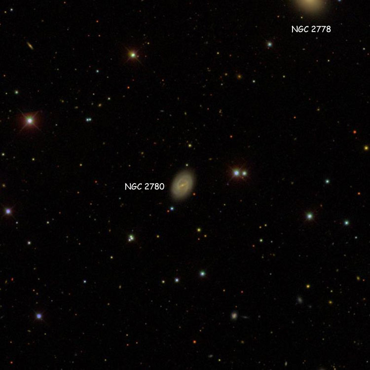 SDSS image of region near spiral galaxy NGC 2780, also showing part of NGC 2778