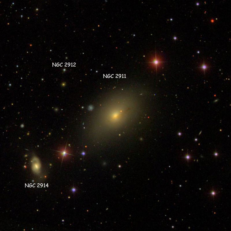 SDSS image of region near lenticular galaxy NGC 2911, also known as Arp 232; also shown are NGC 2914 and the star listed as NGC 2912