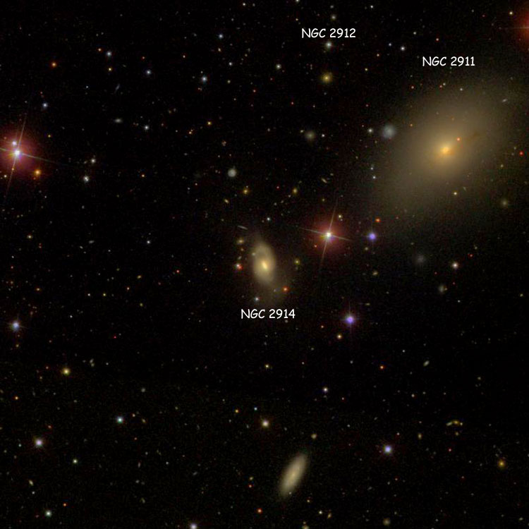 SDSS image of region near lenticular galaxy NGC 2914, also known as Arp 137; also shown are NGC 2911 and the star listed as NGC 2912