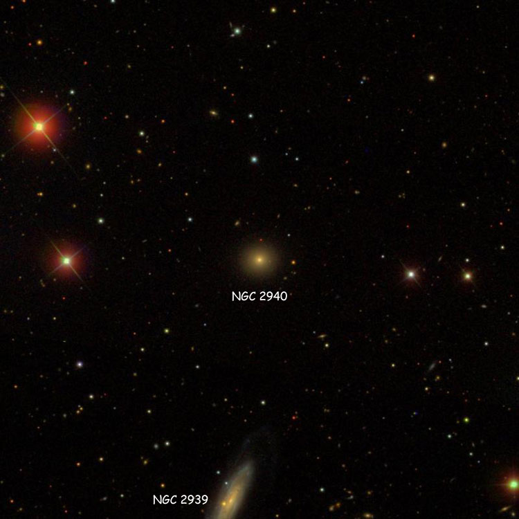 SDSS image of region near spiral galaxy NGC 2940, also showing NGC 2939