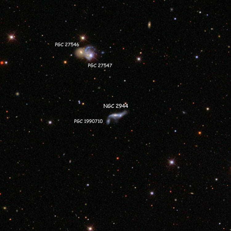 SDSS image of region near spiral galaxy NGC 2944 and its apparent companion, PGC 1990710, some combination of which comprises Arp 63; also shown are PGC 27546 and 27547
