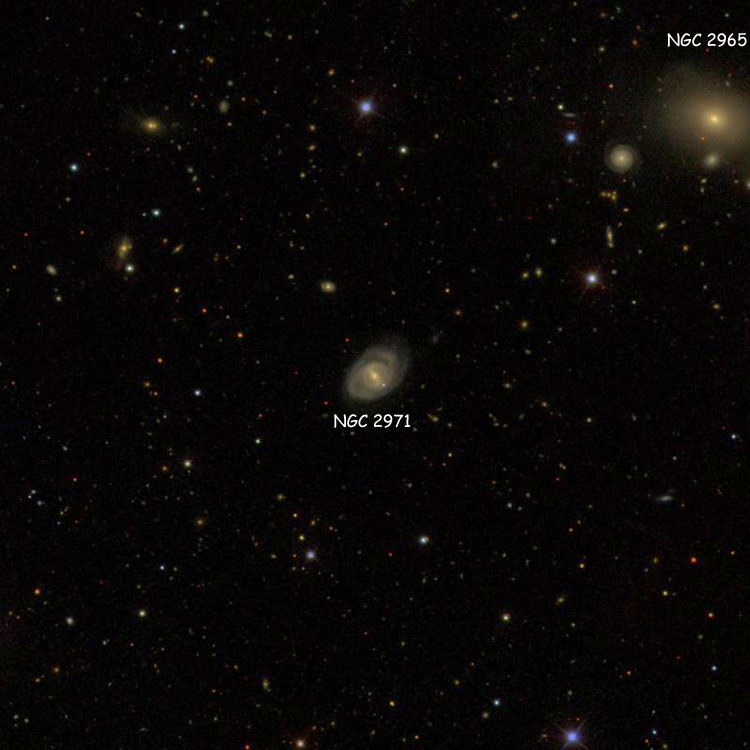 SDSS image of region near spiral galaxy NGC 2971, also showing NGC 2965