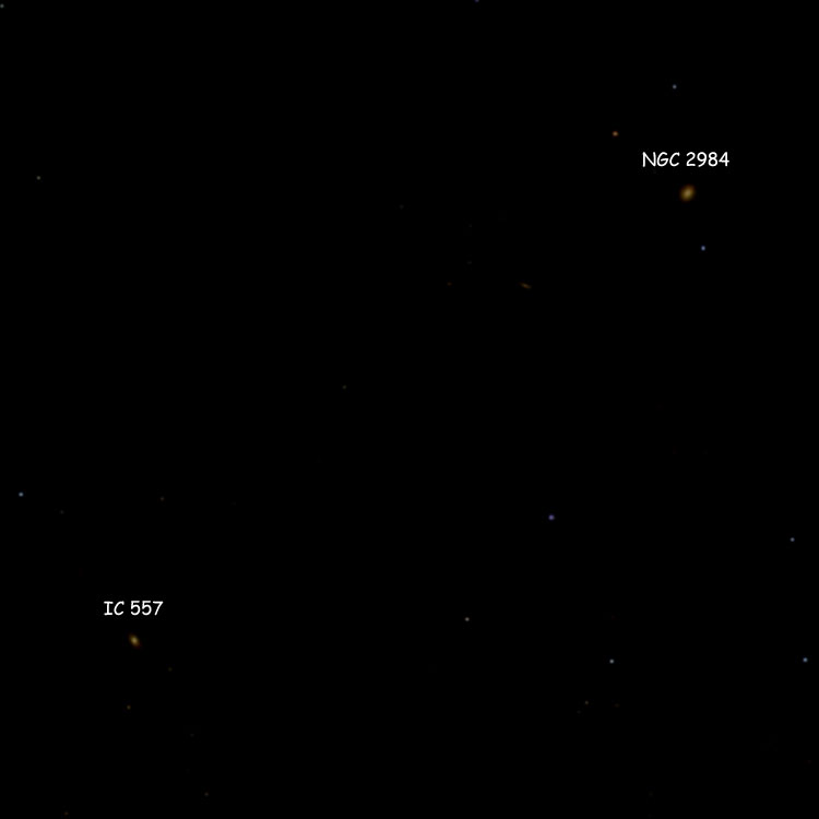 SDSS image of region between NGC 2984 = IC 556 and IC 557, simulating their appearance to visual observers, to show how unlikely it is that NGC 2984 might be IC 557