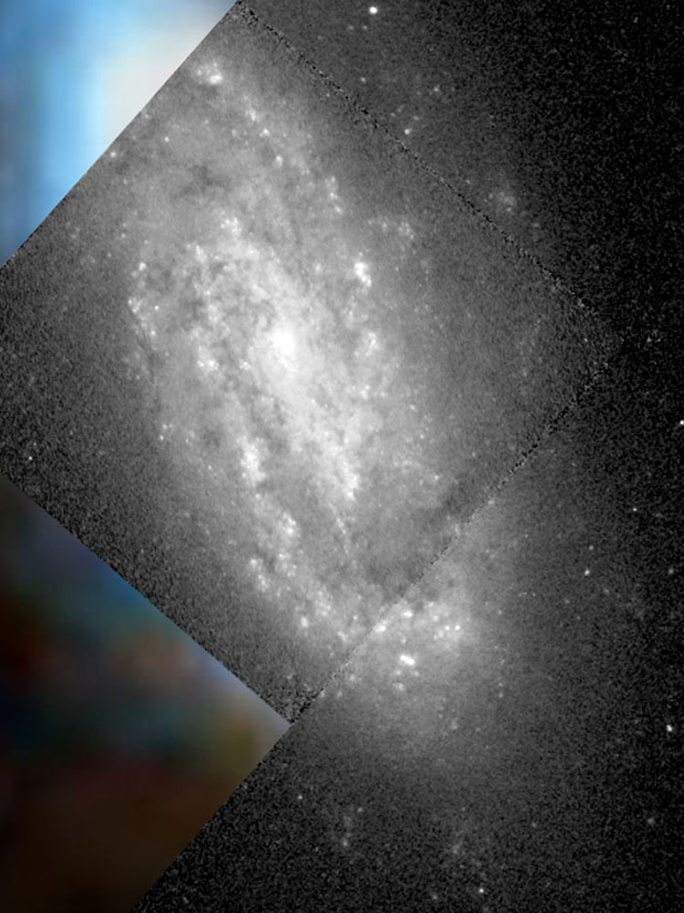 'Raw' HST image of part of spiral galaxy NGC 3045 superimposed on a DSS background to fill in missing areas