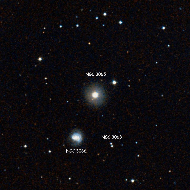 DSS image of region near lenticular galaxy NGC 3065, also showing NGC 3063 and NGC 3066