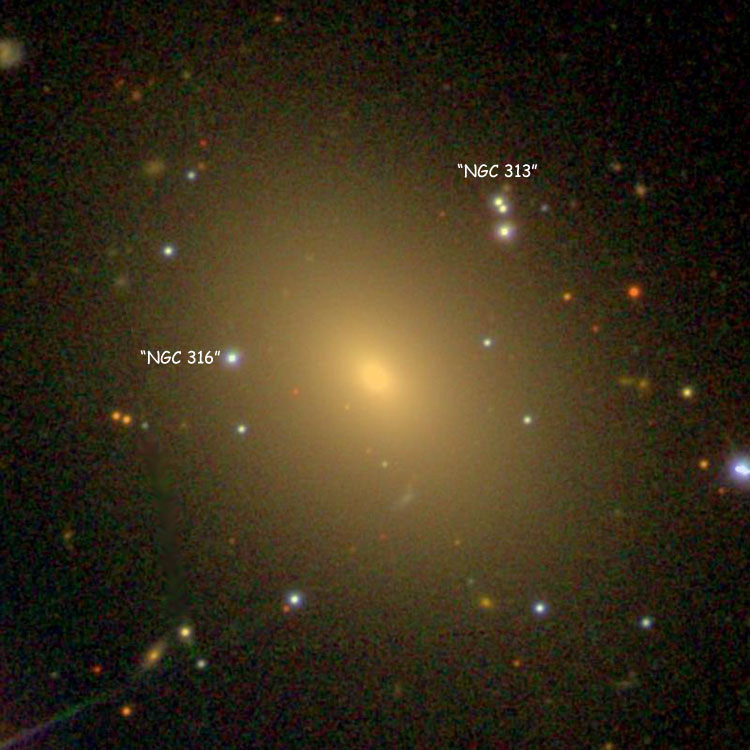 SDSS image of elliptical galaxy NGC 315, also showing the triplet of stars listed as NGC 313, and the star listed as NGC 316