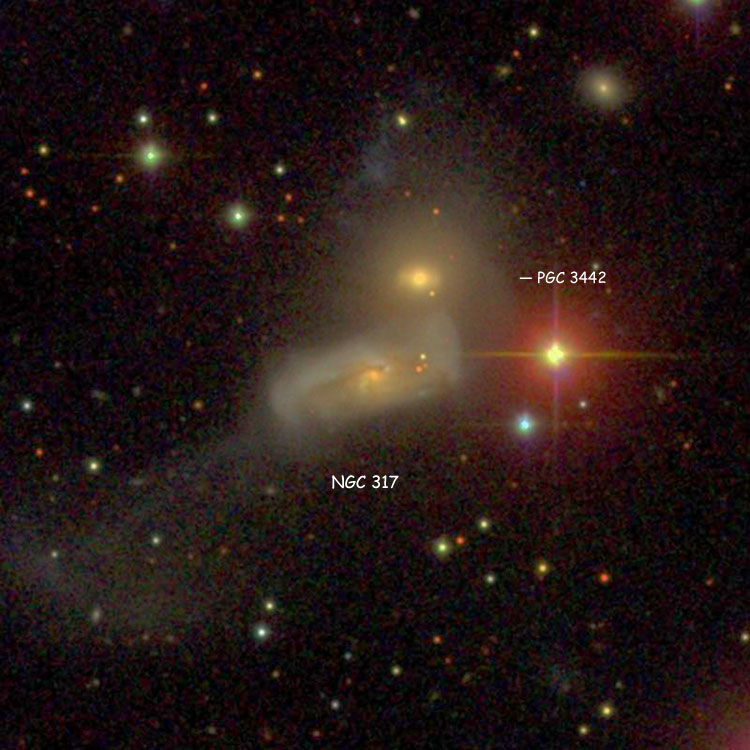 SDSS image of spiral galaxy NGC 317 and lenticular galaxy PGC 3442, showing their distorted outer regions