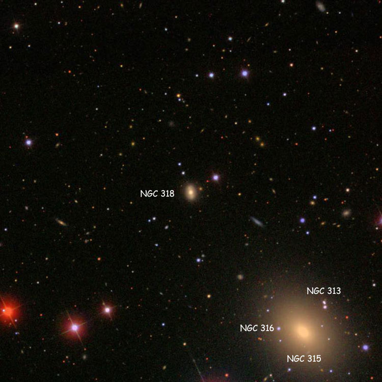 SDSS image of lenticular galaxy NGC 318, also showing the triplet of stars listed as NGC 313, the star listed as NGC 316, and NGC 315
