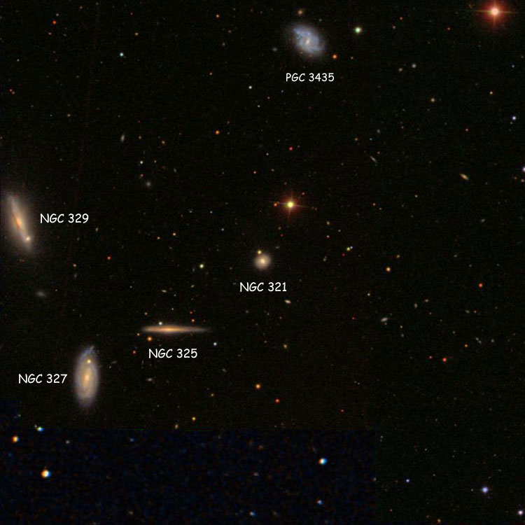 SDSS image of region near lenticular galaxy NGC 321, which is often misidentified as NGC 325, overlaid on a DSS background to cover missing areas; also shown are the correct NGC 325, NGC 327, NGC 329, and PGC 3435 (which is often misidentified as NGC 321)