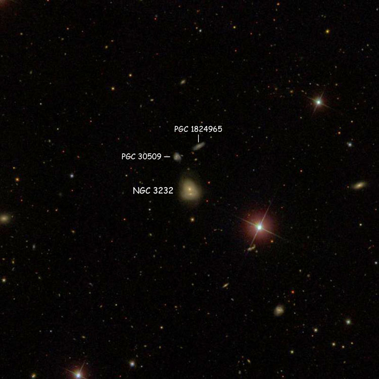 SDSS image of region near spiral galaxy PGC 30508 and lenticular galaxy PGC 3080163, which are listed as NGC 3232