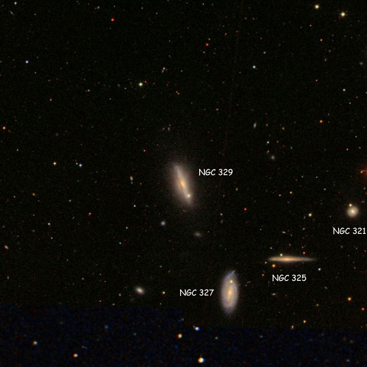 SDSS image of region near spiral galaxy NGC 329, overlaid on a DSS background to fill in missing areas; also shown are NGC 325 and NGC 327, and NGC 321 (which is sometimes misidentified as NGC 325)