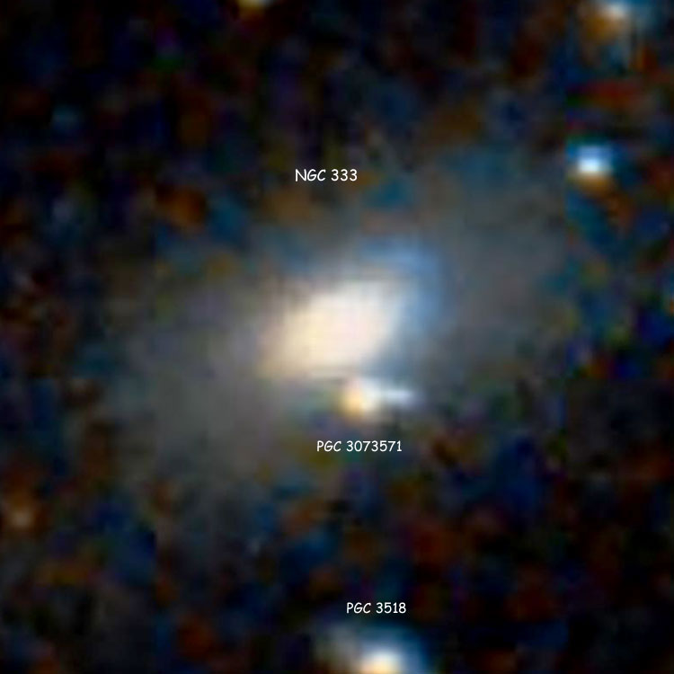 DSS image of lenticular galaxy NGC 333, also showing lenticular galaxies PGC 3518 and PGC 3073571, which are more or less randomly called NGC 333A or NGC 333B