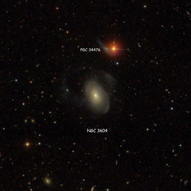 SDSS image of region near spiral galaxy NGC 3604, also showing PGC 34476