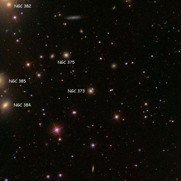 SDSS image of region near elliptical galaxy NGC 373, also showing NGC 375, NGC 382, NGC 384 and NGC 385