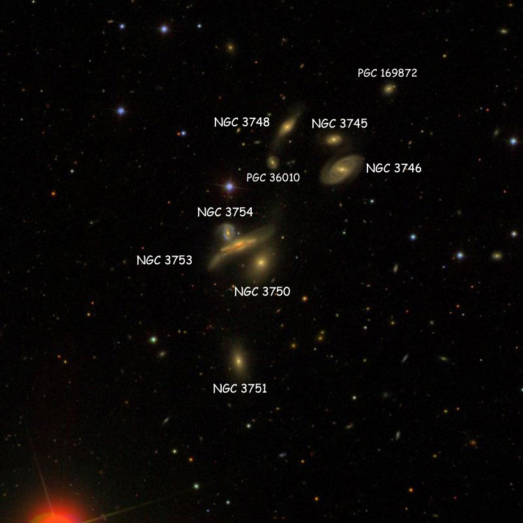 Mount Lemmon SkyCenter image of the region near NGC 3750, also showing NGC 3745, NGC 3746, NGC 3748, NGC 3751, NGC 3753, NGC 3754, PGC 36010 and PGC 169872 , all of which are probably part of a physical group