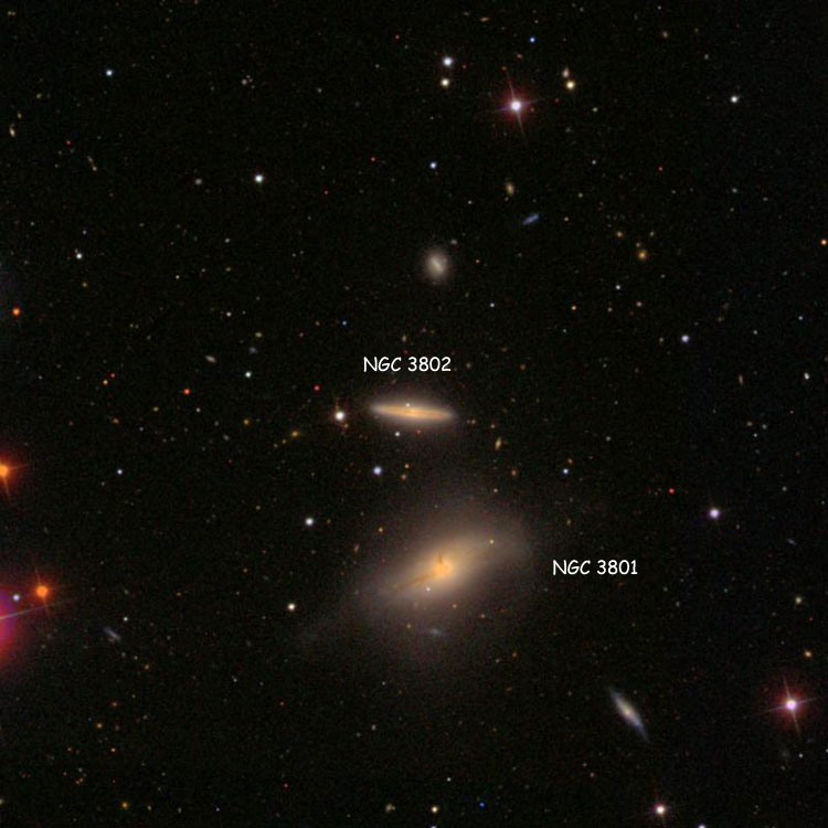 SDSS image of region near spiral galaxy NGC 3802, also showing lenticular galaxy NGC 3801