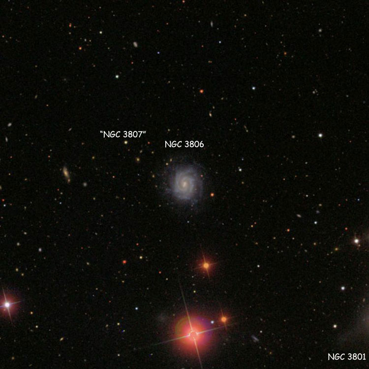SDSS image of region near spiral galaxy NGC 3806, also showing the location of lenticular galaxy NGC 3801 (just outside the field at lower right) and the star listed as NGC 3807