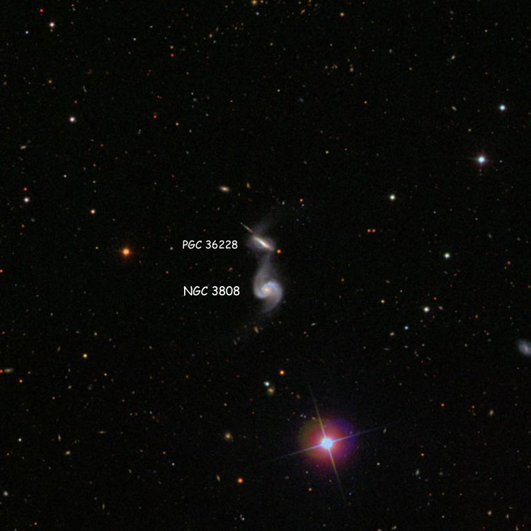 SDSS image of region near spiral galaxies NGC 3808 and PGC 36228 (sometimes called NGC 3808A), also known as Arp 87