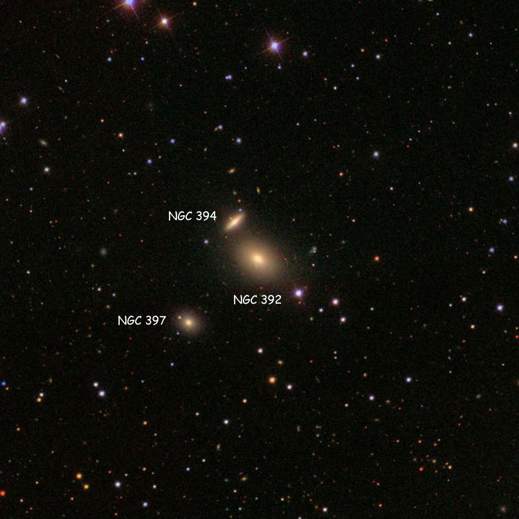 SDSS image of region near lenticular galaxy NGC 392, also showing NGC 394 and NGC 397