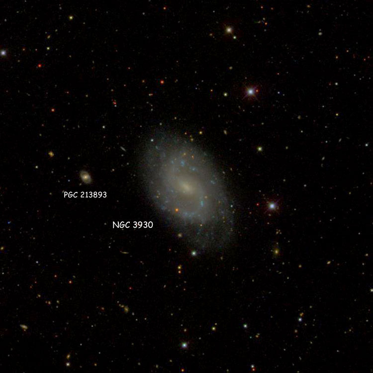 SDSS image of region near spiral galaxy NGC 3930, also showing PGC 213893