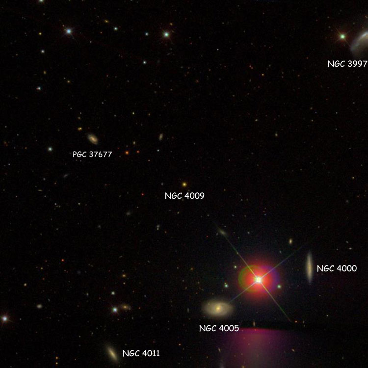 SDSS image of region near the listed as NGC 4009, also showing NGC 3997, NGC 4000, NGC 4005 and NGC 4011, and PGC 37677, the galaxy often misidentified as NGC 4009