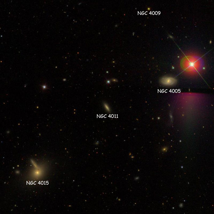 SDSS image of region near lenticular galaxy NGC 4011, also showing NGC 4005, NGC 4015 and the star listed as NGC 4009