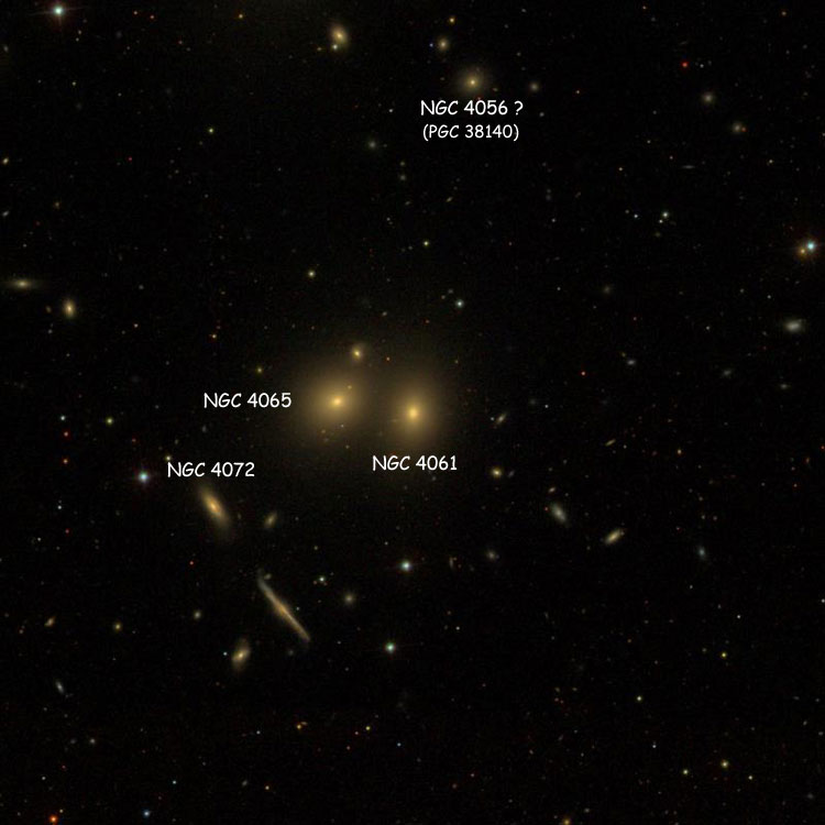 SDSS image of region near elliptical galaxy NGC 4061, also showing NGC 4056(?), NGC 4065 and NGC 4072