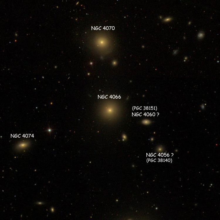 SDSS image of region near elliptical galaxy NGC 4066, also showing NGC 4056(?), NGC 4060(?), NGC 4070 and NGC 4074