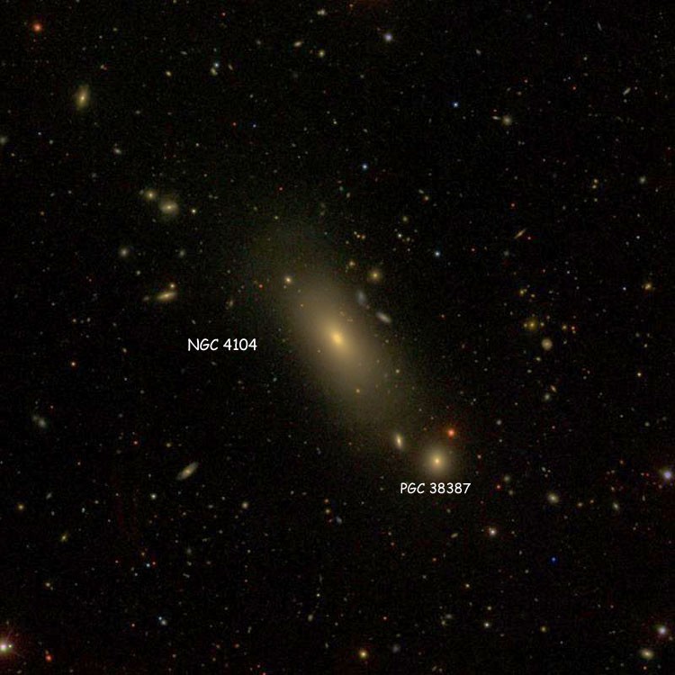 SDSS image of region near lenticular galaxy NGC 4104, also showing possible companion PGC 38387