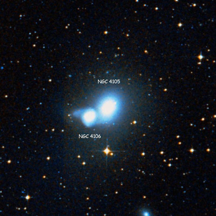 DSS image of region near elliptical galaxy NGC 4105, also showing NGC 4106