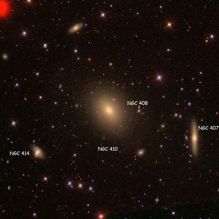 SDSS image of lenticular galaxy NGC 410, also showing NGC 407, NGC 414, and the star listed as NGC 408