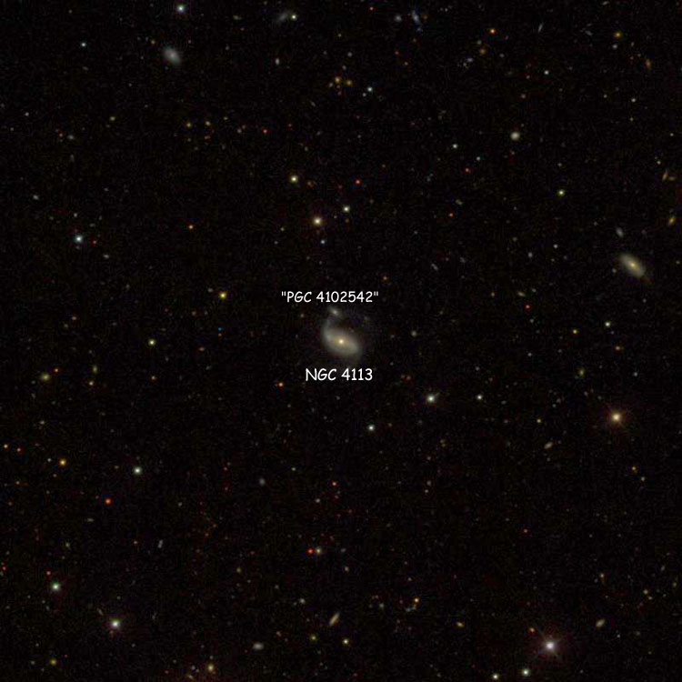 SDSS image of region near spiral galaxy NGC 4113, also showing possible companion 'PGC 4102542'