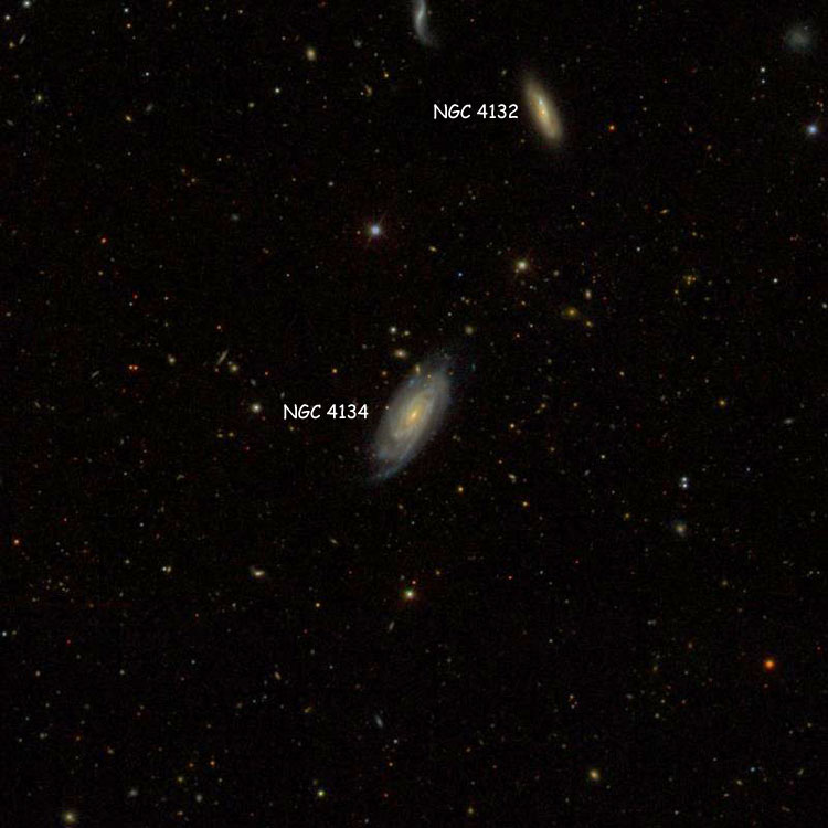 SDSS image of region near spiral galaxy NGC 4134, also showing NGC 4132