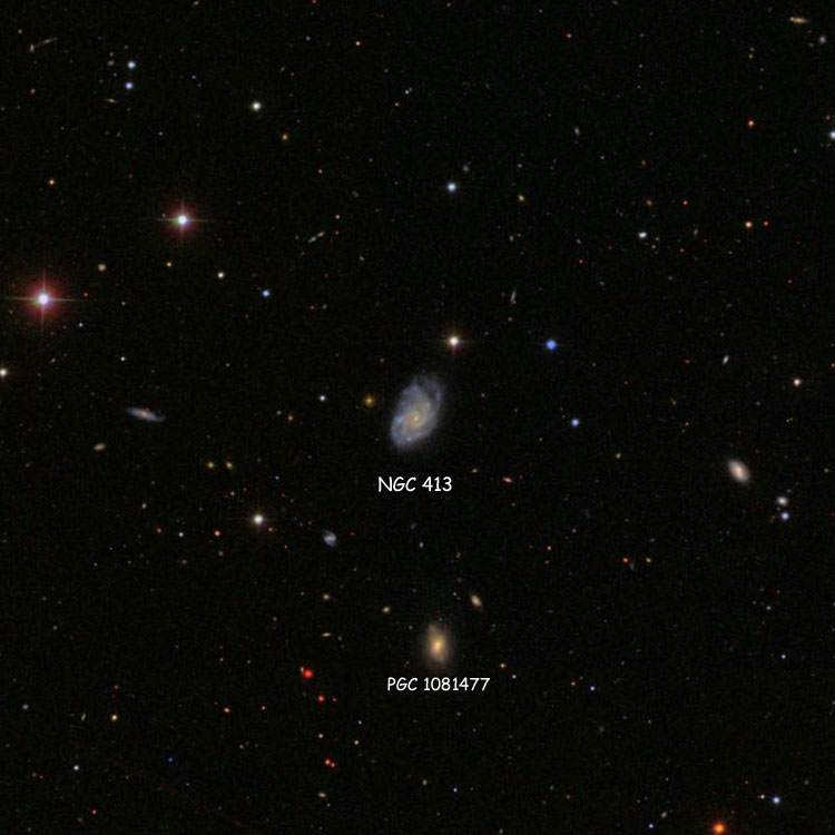 SDSS image of region near spiral galaxy NGC 413, also showing PGC 1081477